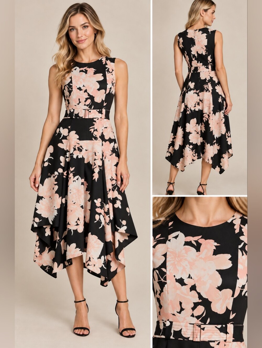 Calvin Klein Black/Blush Floral Fit & Flare Dress - Size 10 Hankerchief/High Low